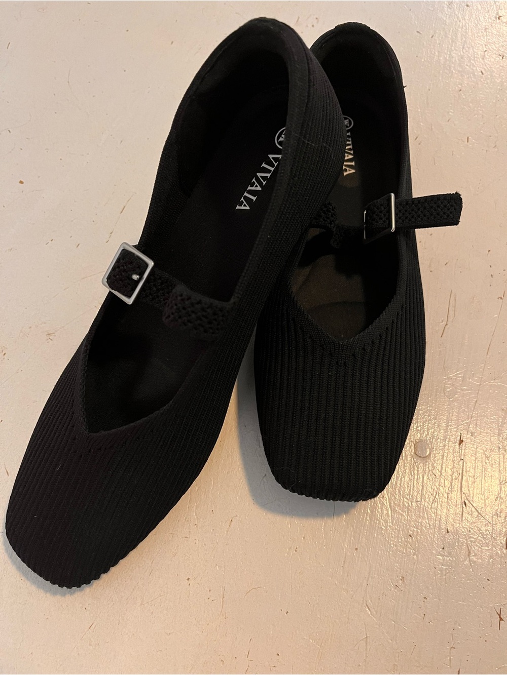 Vivaia Black Knit Mary Jane Flats with Buckle Strap